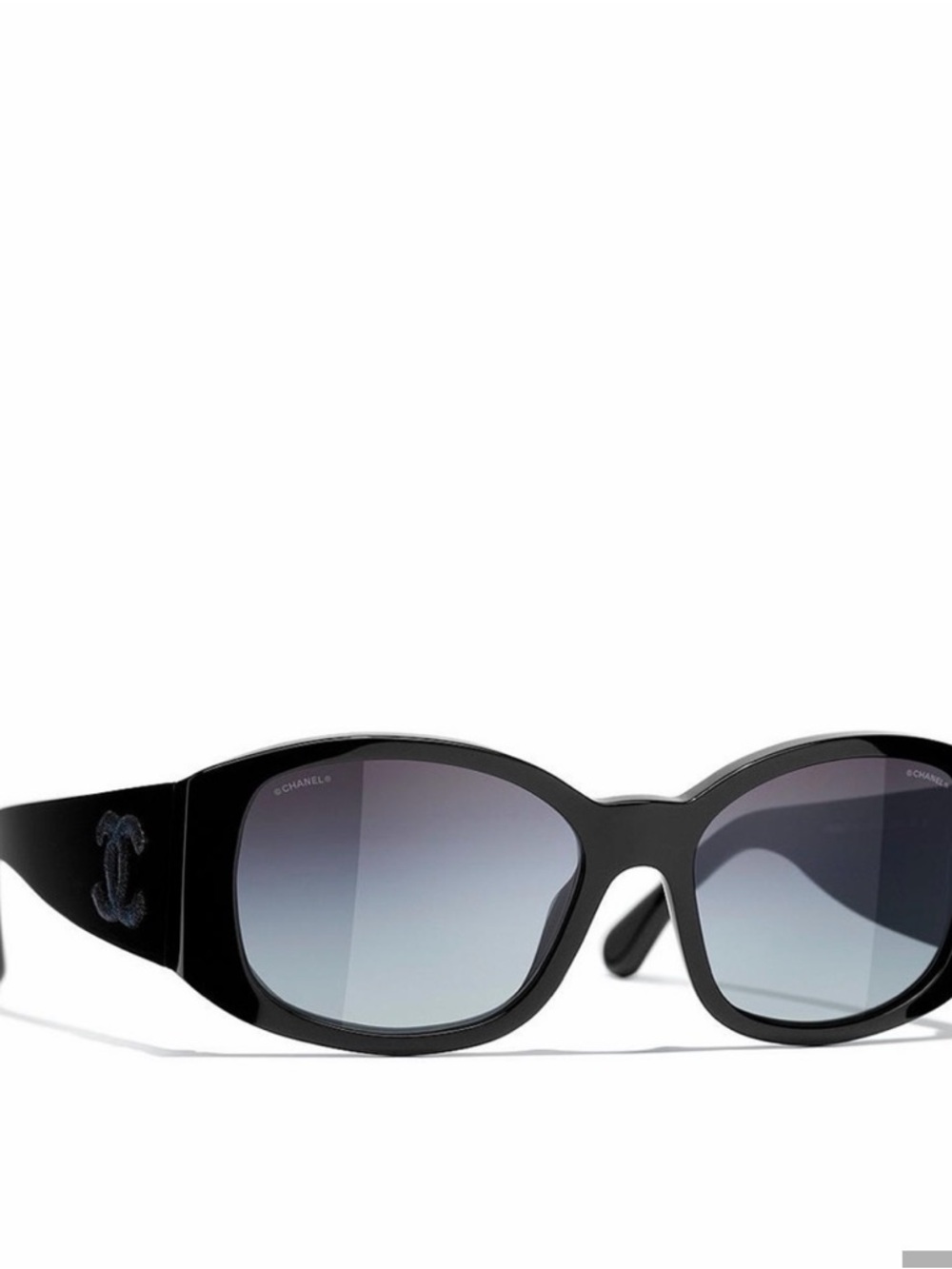 CHANEL Black Oval Sunglasses with Gradient Gray Lenses